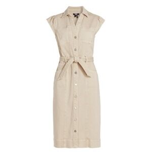 Paige Jaxsyn Tie Waist Midi Dress Beige Denim Classic Safari Size 2 Button Up